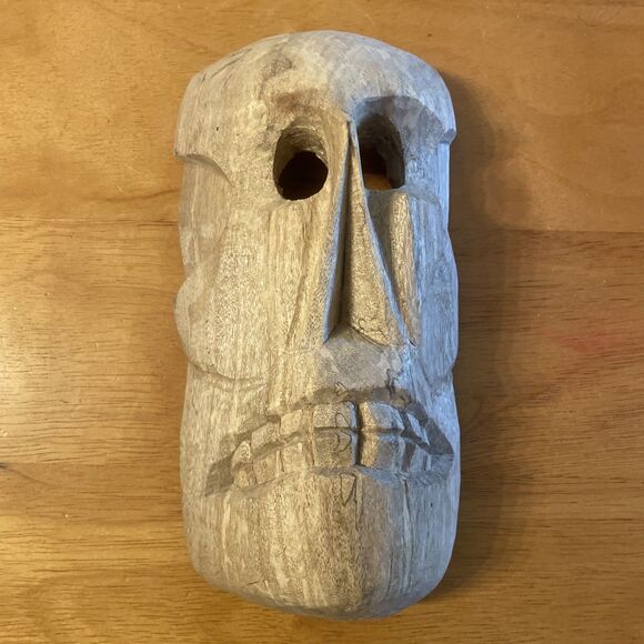 Vtg Hand Carved Wooden Skull Mask Mexican Folk Art Zihuatanejo Ixtapa Rough Hewn - Picture 1 of 8